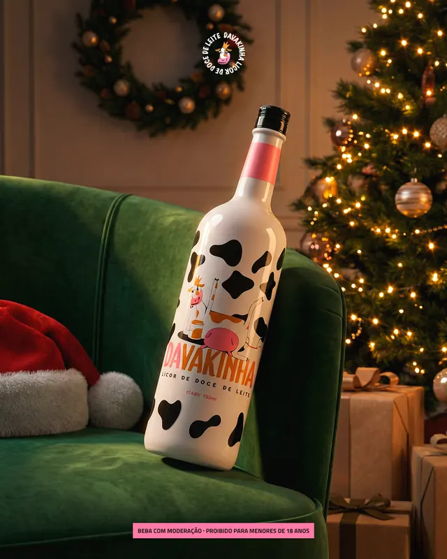 Garrafa de Davakinha no sofá ao lado da árvore de Natal